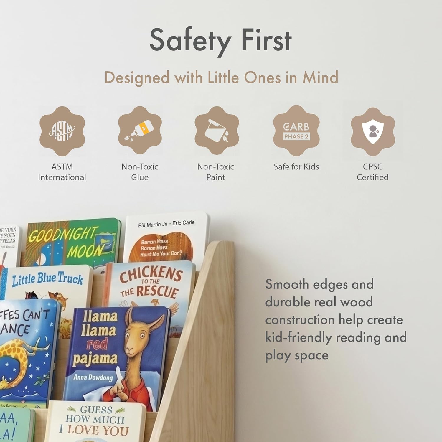 Humble Crew Kids Bookshelf, 5-Tier Front Facing Bookcase, Solid Wood Montessori Toddler Bookcase for Playroom, Bedroom & Reading Corner, 44” Wide