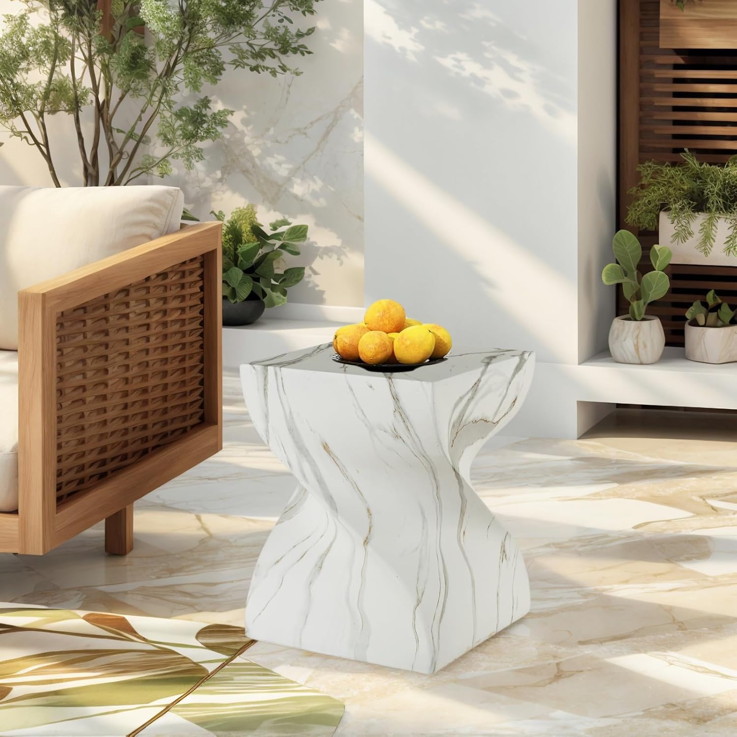 14.4" Round Stone Side Table, Outdoor Patio End Table, Faux Marble Accent Table, Weather Resistant Garden Stool Table, Modern Small Side Table for Indoor Outdoor Living Room Patio