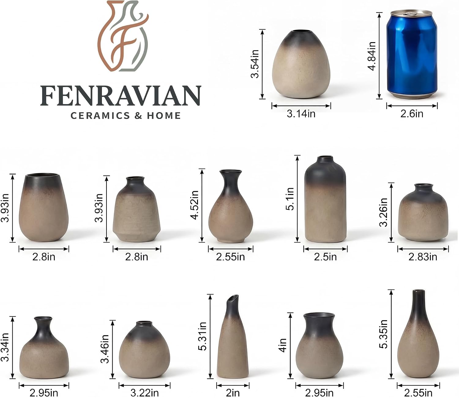 Ceramic Bud Vases, Rustic Small Vase Set of 11, Mini Pottery Vases for Flowers, Modern Farmhouse Home Decor, Clay Vases for Wedding Centerpiece, Shelf and Dinning Table Decoration