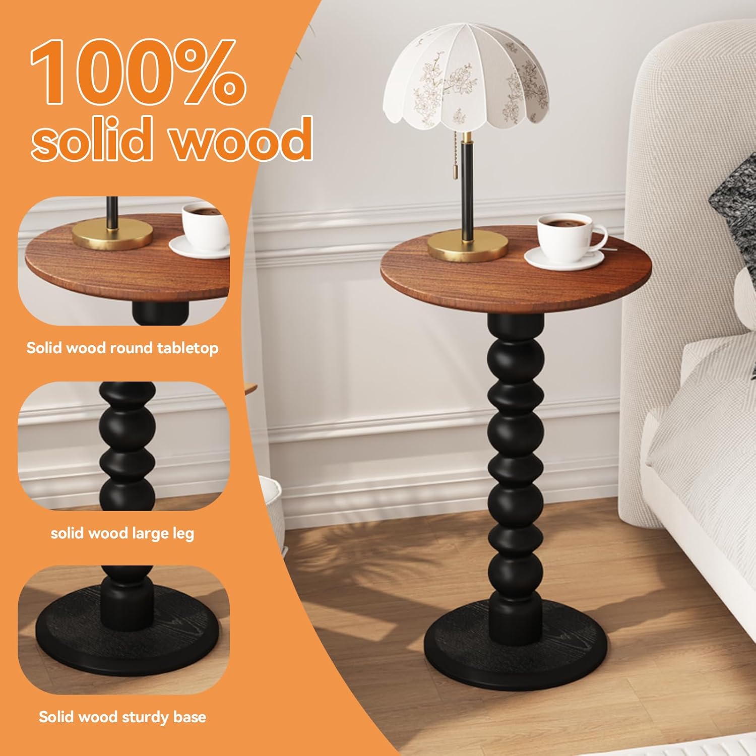 Solid Wood Round Side Table, Small Drink Table,Cocktail Table, Wooden Pedestal End Table, Plant Stand for Living Room, Bedroom,Office and Corners (Walnut/Black, 11.8" W*21.65" H)
