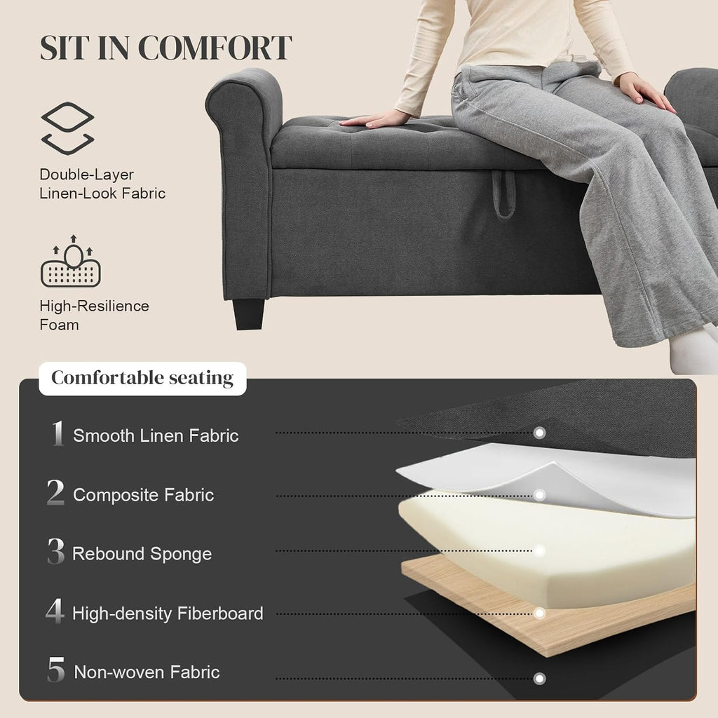 End of Bed Storage Bench for Bedroom, 49" Upholstered Storage Ottoman with Rolled Arms, Rivet Polyester Fabric Ottoman Bench for Bedroom, Living Room, Window, Entryway, Dark Gray