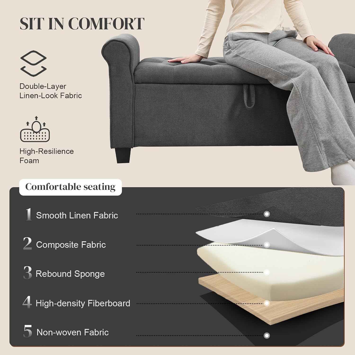 End of Bed Storage Bench for Bedroom, 49" Upholstered Storage Ottoman with Rolled Arms, Rivet Polyester Fabric Ottoman Bench for Bedroom, Living Room, Window, Entryway, Dark Gray
