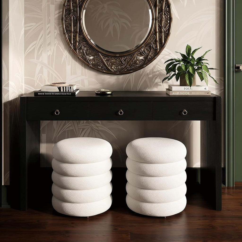 White Round Ottoman with Storage Upholstered Sherpa Foot Stool Ottoman Small Boucle Foot Rest Pouf for Living Room/Entryway, Set of 2