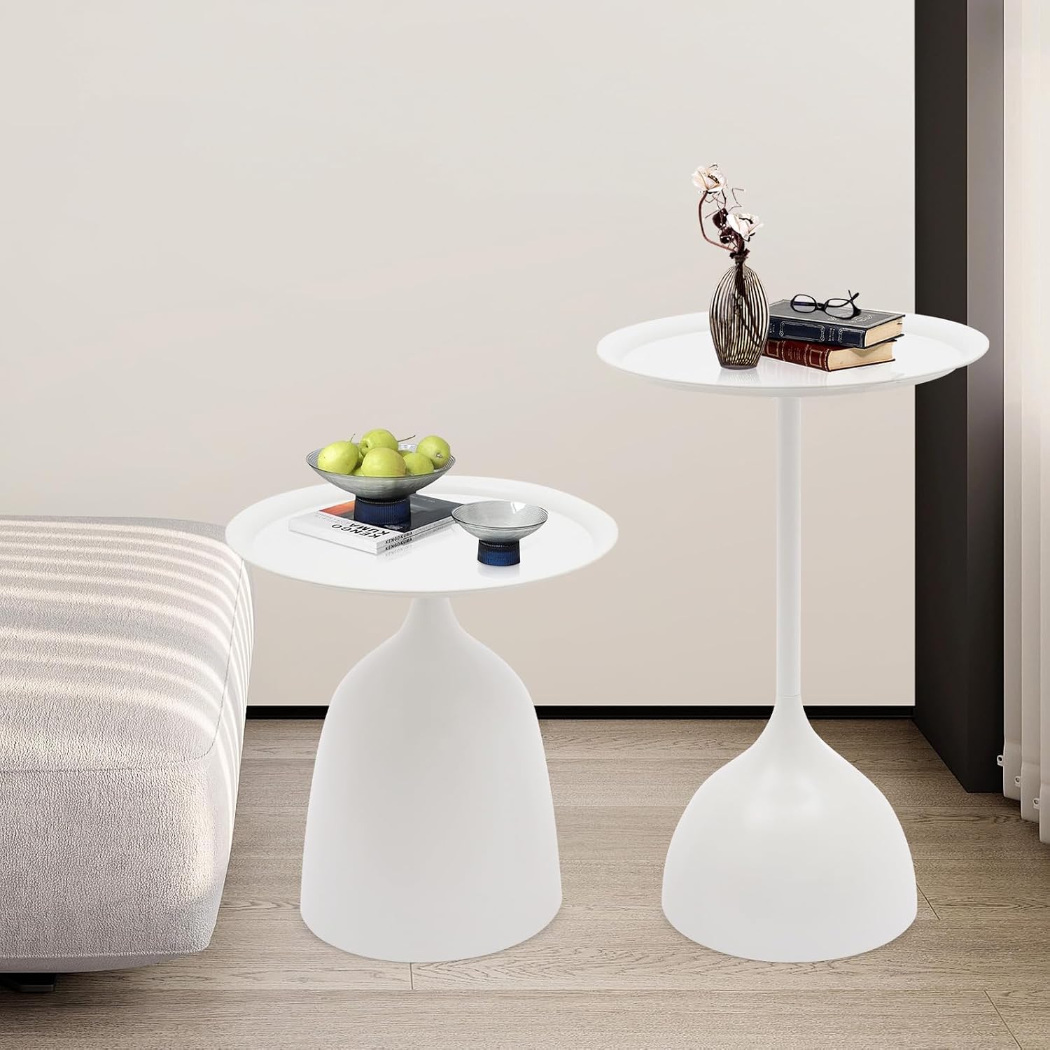 Round Side Table Set of 2, Metal Round End Tables, Modern Nesting Table Sets, Nesting Tables Pedestal Coffee Table with 16.9'' & 23.6'' Height for Living Room Balcony Office (White)