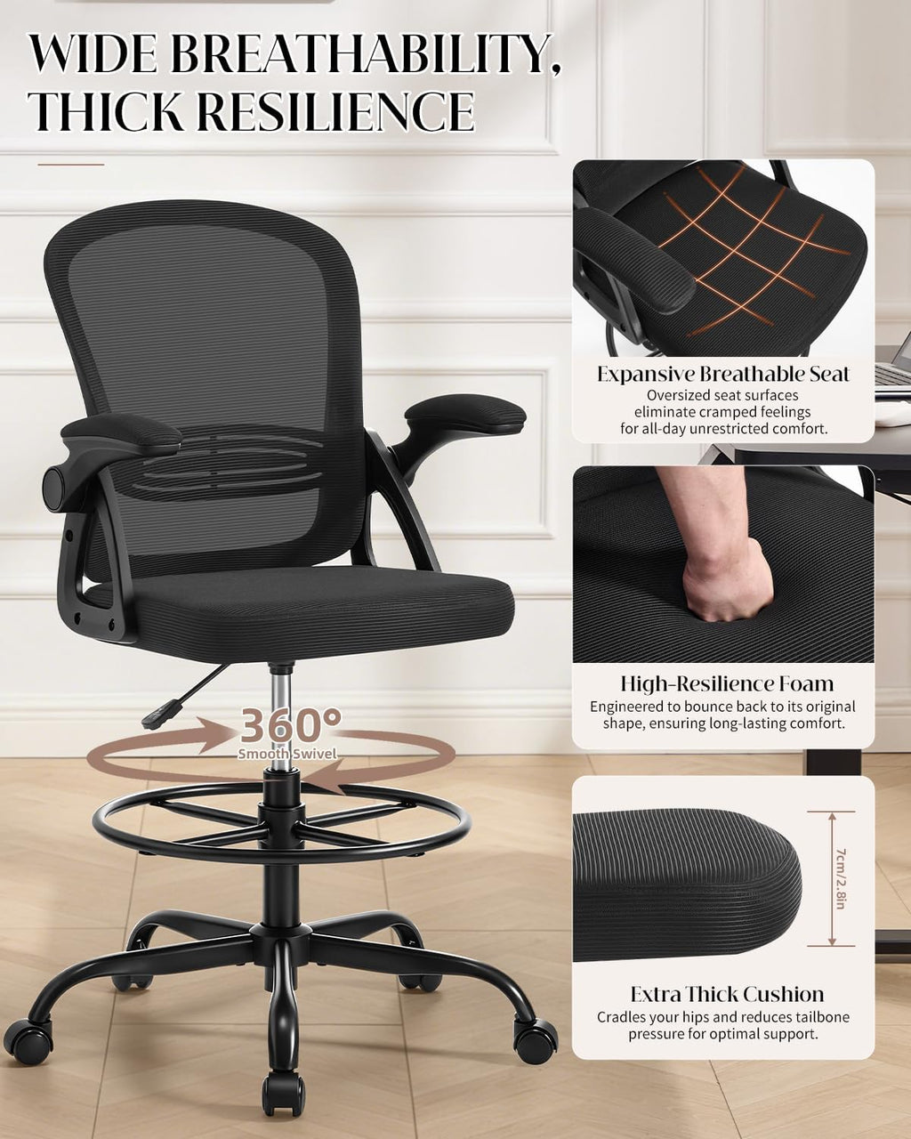 Drafting Chair with Tall Office Chair for Standing Desk | Flip-up Armrests, Adjustable Lumbar Support, Height‑Adjustable Footrest Ring & Seat, Ergonomic Tall Desk Chair