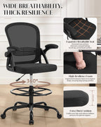 Drafting Chair with Tall Office Chair for Standing Desk | Flip-up Armrests, Adjustable Lumbar Support, Height‑Adjustable Footrest Ring & Seat, Ergonomic Tall Desk Chair