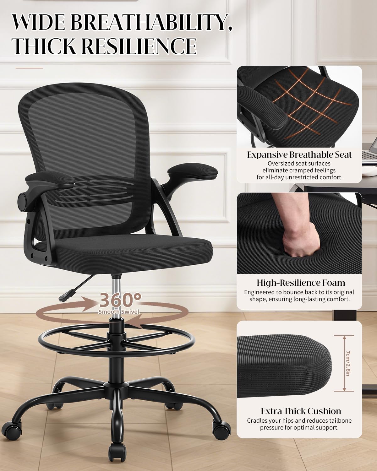 Drafting Chair with Tall Office Chair for Standing Desk | Flip-up Armrests, Adjustable Lumbar Support, Height‑Adjustable Footrest Ring & Seat, Ergonomic Tall Desk Chair