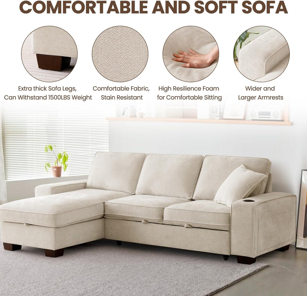 99" Convertible Sleeper Sofa Bed,L Shaped with Storage Chaise Pull Out Couch for Living Room,USB and Type-C,Removable Washable Chenille Covers (Beige)