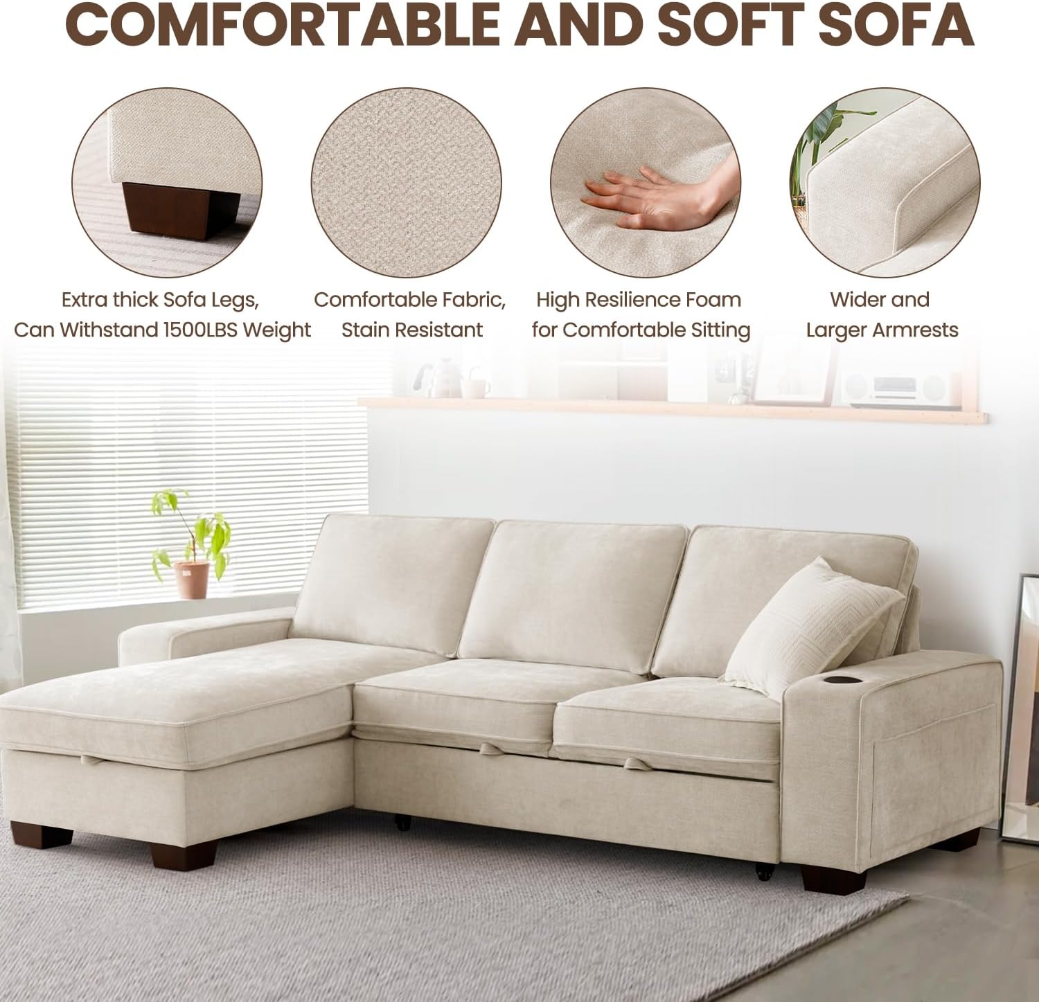 99" Convertible Sleeper Sofa Bed,L Shaped with Storage Chaise Pull Out Couch for Living Room,USB and Type-C,Removable Washable Chenille Covers (Beige)