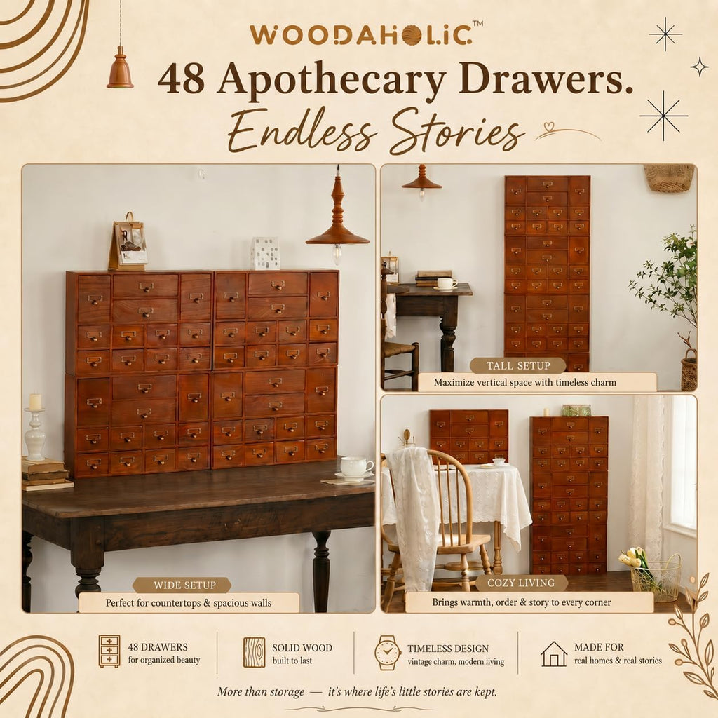 Modular Apothecary Cabinet with 48 Drawers I Stackable Library Card Catalog Organizer, Solid Wood Desktop Storage with Metal Label Holders for Makeup, Crafts, Oils, Tea & Office Supplies