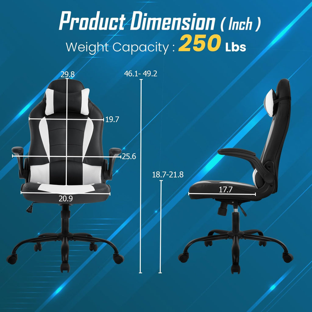 Ruesleag Ergonomic PC Gaming Chair Office Computer Chair w/Lumbar Support Flip Up Arms Headrest PU Leather Study Desk Chair Executive Office Chair High Back Video Racing Chair for Adults,White