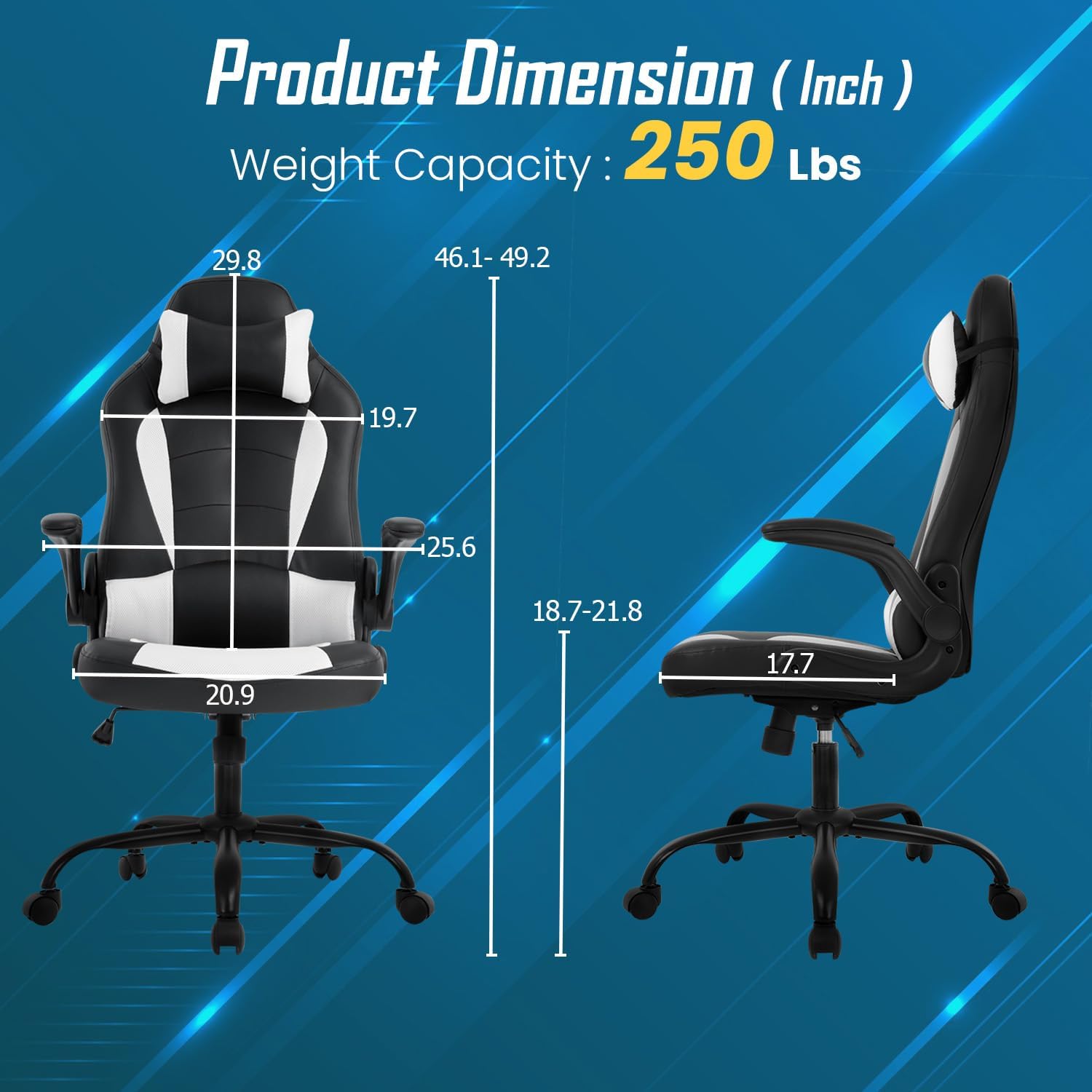 Ruesleag Ergonomic PC Gaming Chair Office Computer Chair w/Lumbar Support Flip Up Arms Headrest PU Leather Study Desk Chair Executive Office Chair High Back Video Racing Chair for Adults,White