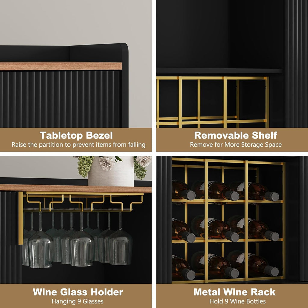 ARTPOWER 48" Wine Bar Cabinet with Fluted Texture, Modern Buffet Sideboard with Wine Rack and Glass Holder, Liquor Coffee Station with Storage for Kitchen, Living Room, Home Bar, Black