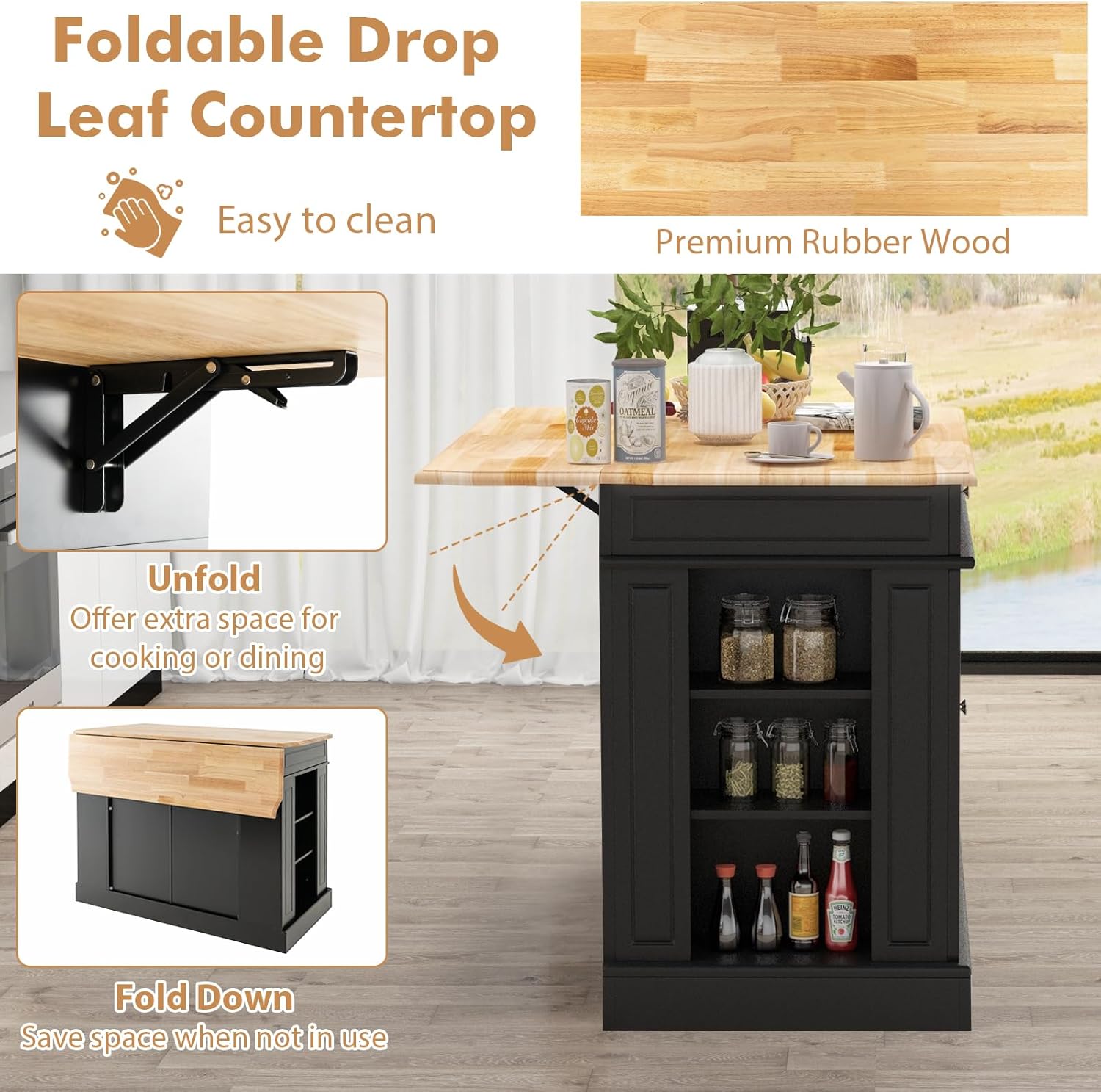 DORTALA Kitchen Island with Drop Leaf, Kitchen Island Table with Rubber Wood Butcher Block Countertop, 2 Drawers, Spice Racks & Adjustable Storage Cabinet, Coffee Bar Cabinet for Dining Room, Black