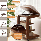 Solid Wood C Shaped End Table with Wheels,3 Layer Small Rolling Side Table Storage Rack,Couch Table with Adjustable Desktop,Mobile Storage Cabinet for Living Room and Bedroom,Brown,24.8in