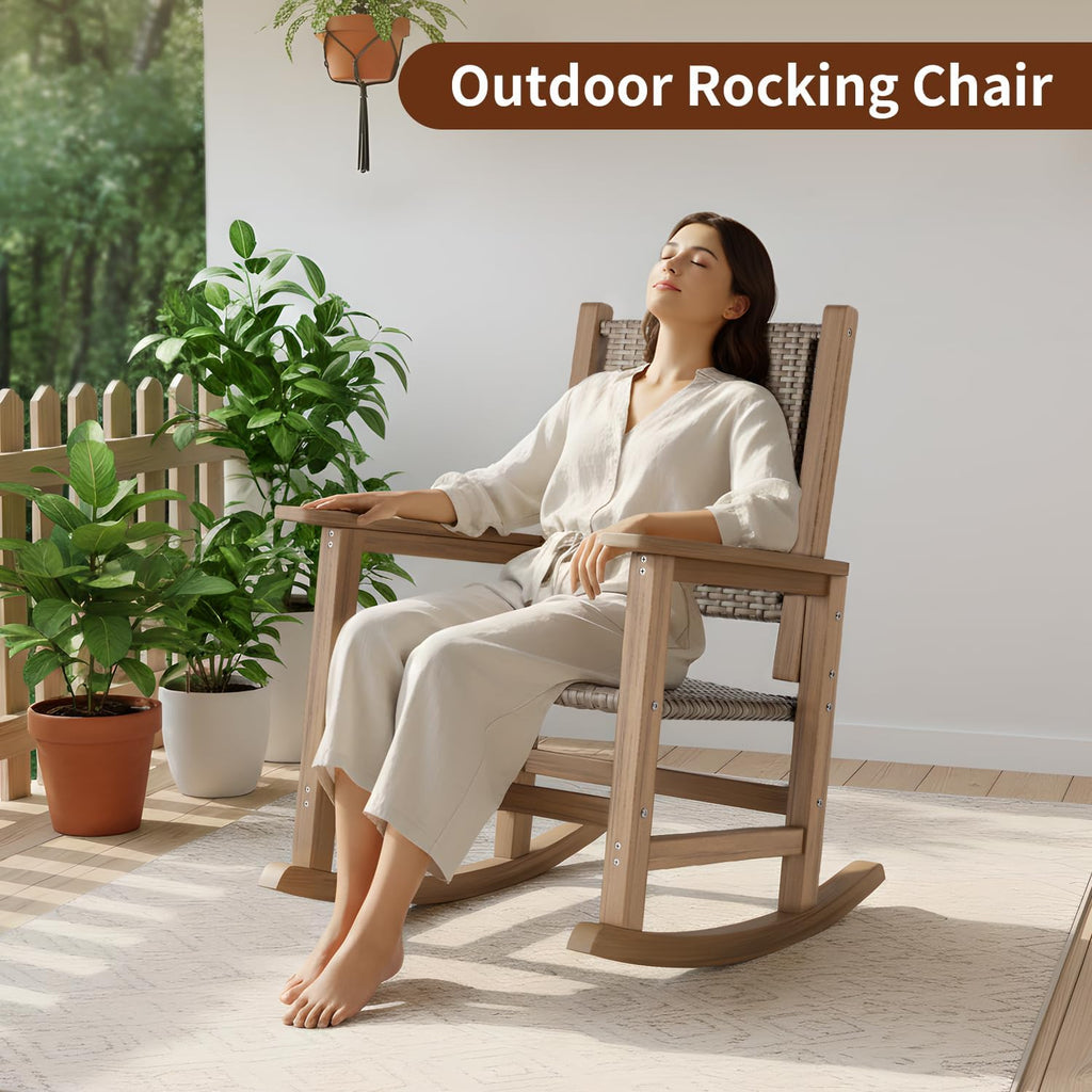 HDPE Rocking Chair Outdoor 1 PCS, Wicker Rocking Chair for Patio, Woven Seat & Back, All Weather Rocking Chair for Front Porch, Garden, Lawn and Balcony (Brown)