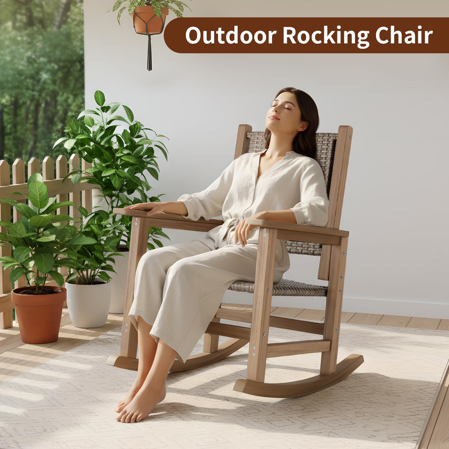 HDPE Rocking Chair Outdoor 1 PCS, Wicker Rocking Chair for Patio, Woven Seat & Back, All Weather Rocking Chair for Front Porch, Garden, Lawn and Balcony (Brown)