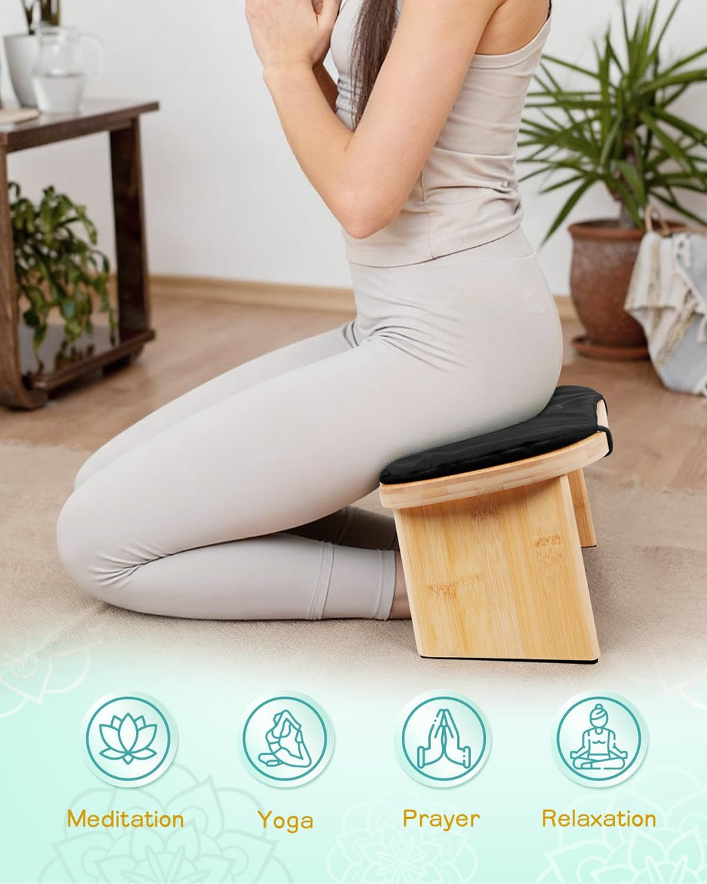 Hihealer Folding Bamboo Meditation Bench with Cushion & Carry Bag – Ergonomic Yoga and Prayer Stool for Comfort and Posture Support (Black)