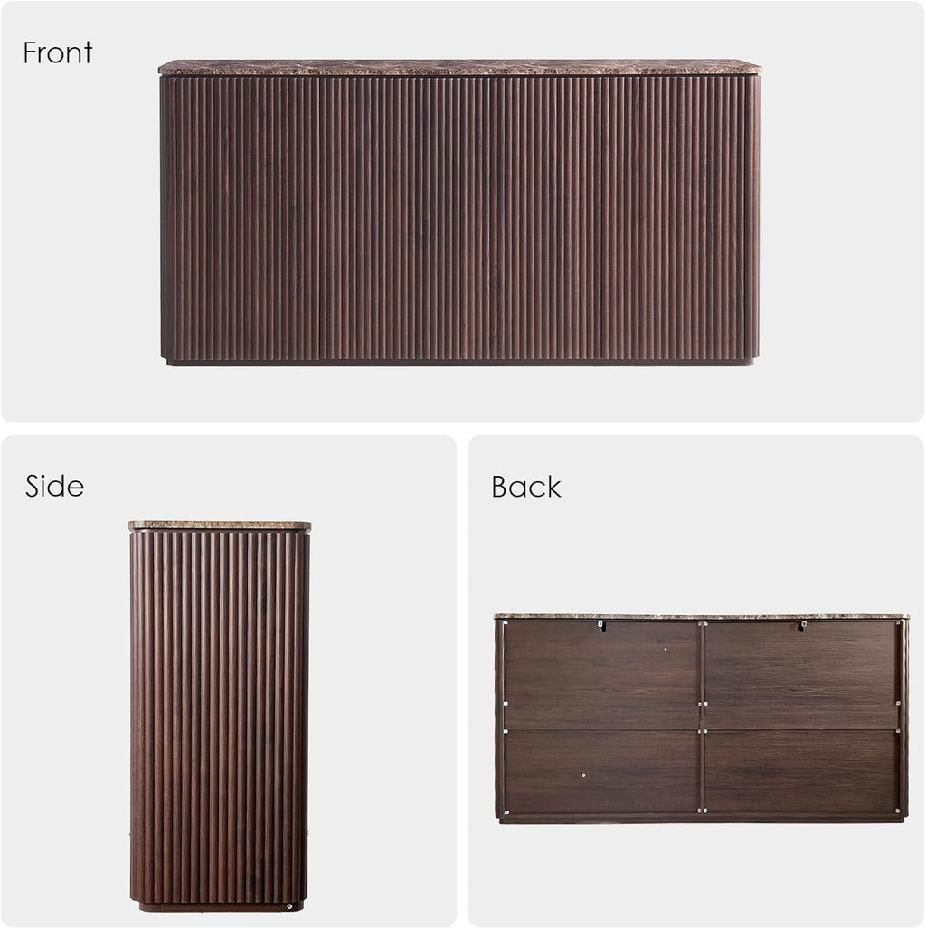 Fluted 4 Doors Sideboard Cabinet with Storage, 64" Wooden Credenza with Shelves, Faux Marble-Top Coffee Bar Console Table, Modern Buffet Cabinet for Dining, Kitchen, Living Room, Entryway, Dark Oak
