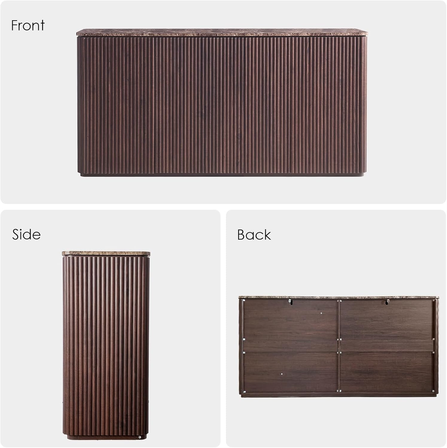 Fluted 4 Doors Sideboard Cabinet with Storage, 64" Wooden Credenza with Shelves, Faux Marble-Top Coffee Bar Console Table, Modern Buffet Cabinet for Dining, Kitchen, Living Room, Entryway, Dark Oak