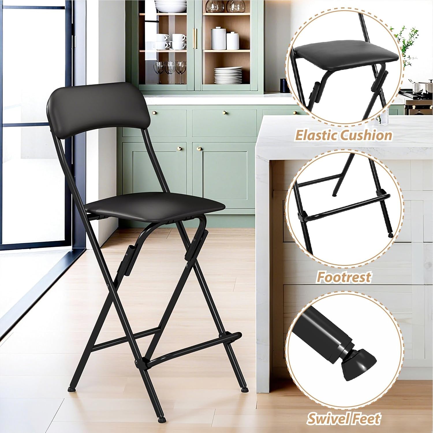 Folding Bar Stool with Back, 300lb Capacity, Collapsible Stool for Kitchen Bar, Height 25"- 1PC