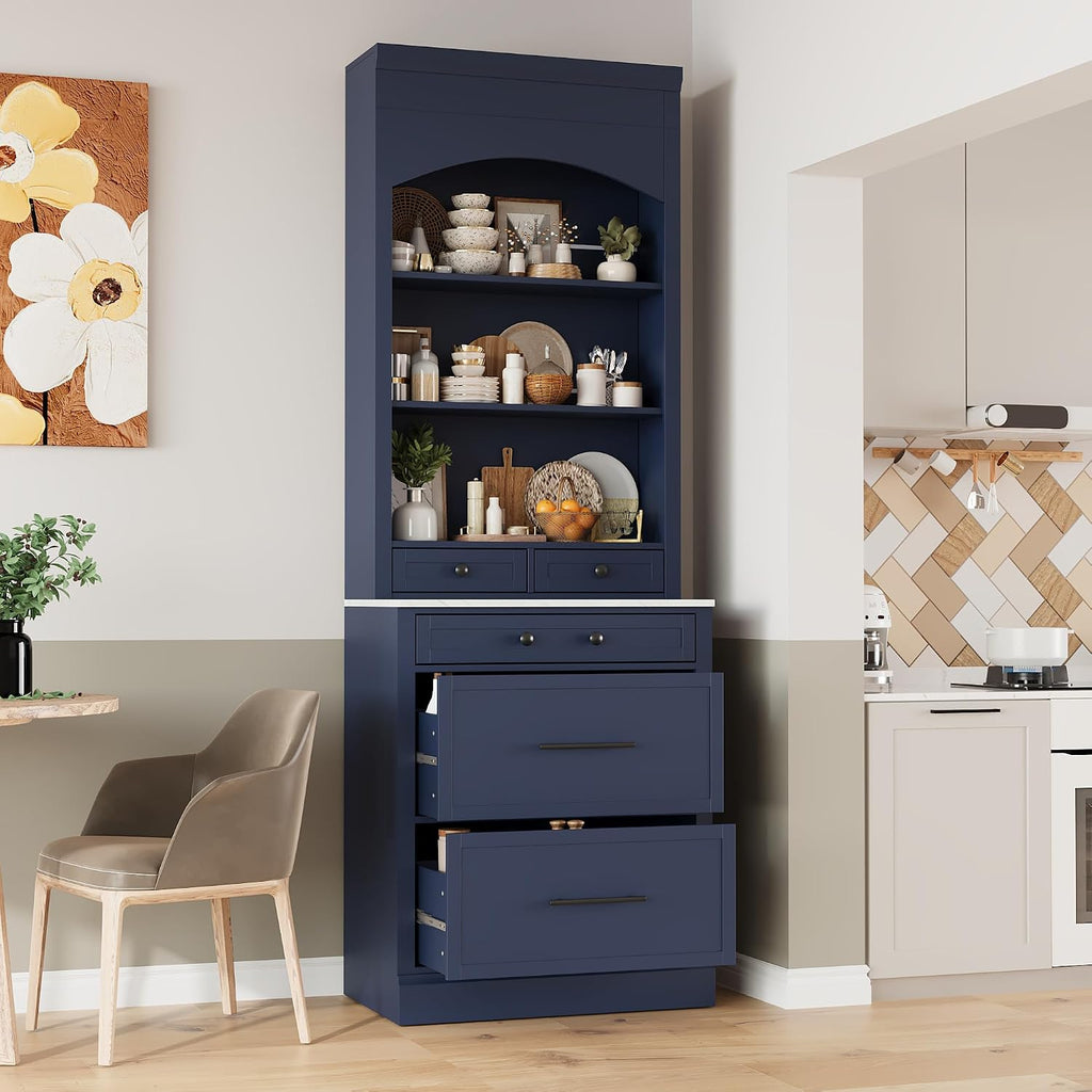 84" Tall Kitchen Pantry, Display Cupboard Cabinet with Storage, Modern Freestanding Kitchen Hutch with 5 Drawers and Adjustable Shelves, Wood Storage Cabinet for Kitchen, Blue, Set of 2