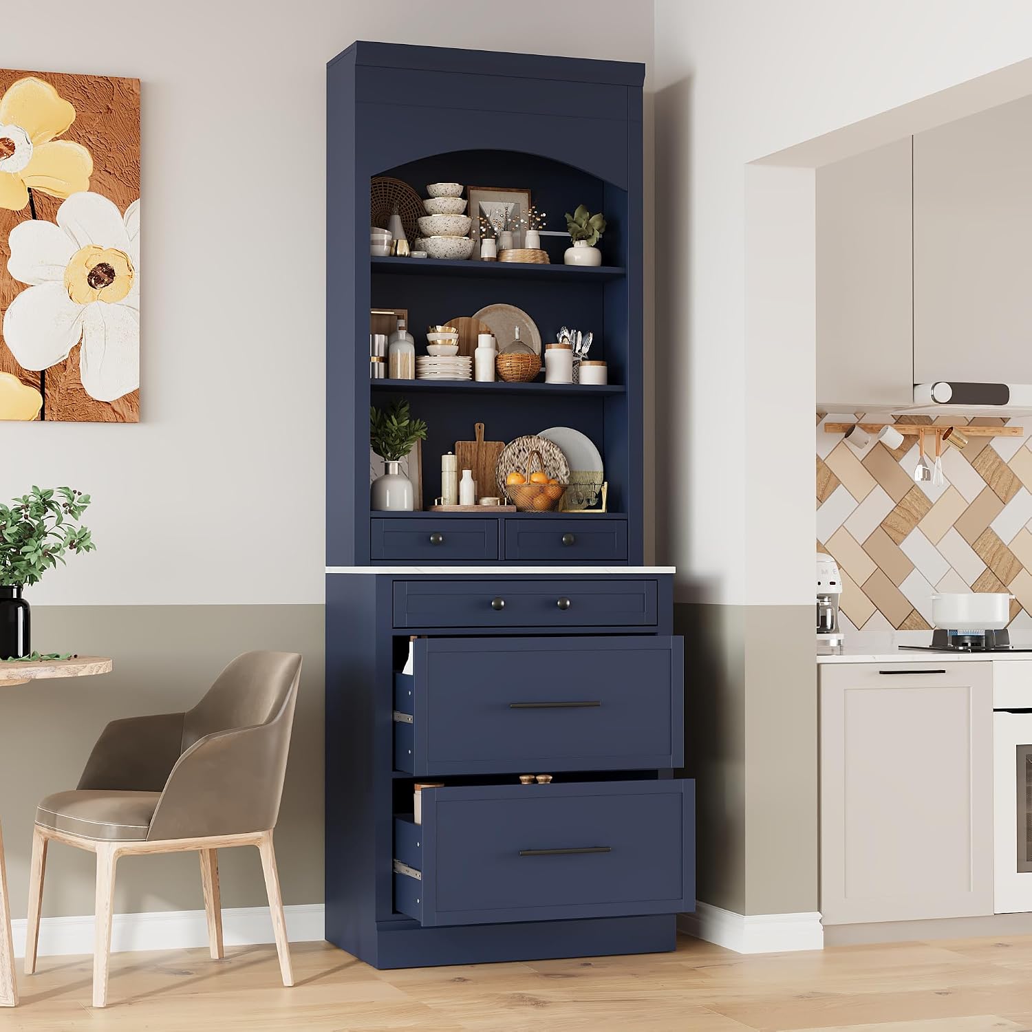 84" Tall Kitchen Pantry, Display Cupboard Cabinet with Storage, Modern Freestanding Kitchen Hutch with 5 Drawers and Adjustable Shelves, Wood Storage Cabinet for Kitchen, Blue, Set of 2