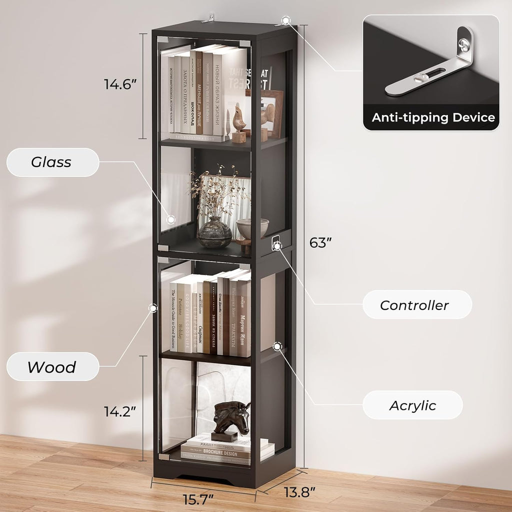 Glass Display Cabinet 4-Tier Curio Cabinet with 3-Color LED Lights, Human Body Sensor, Glass Door, Storage Bookcase for Collectibles, Black