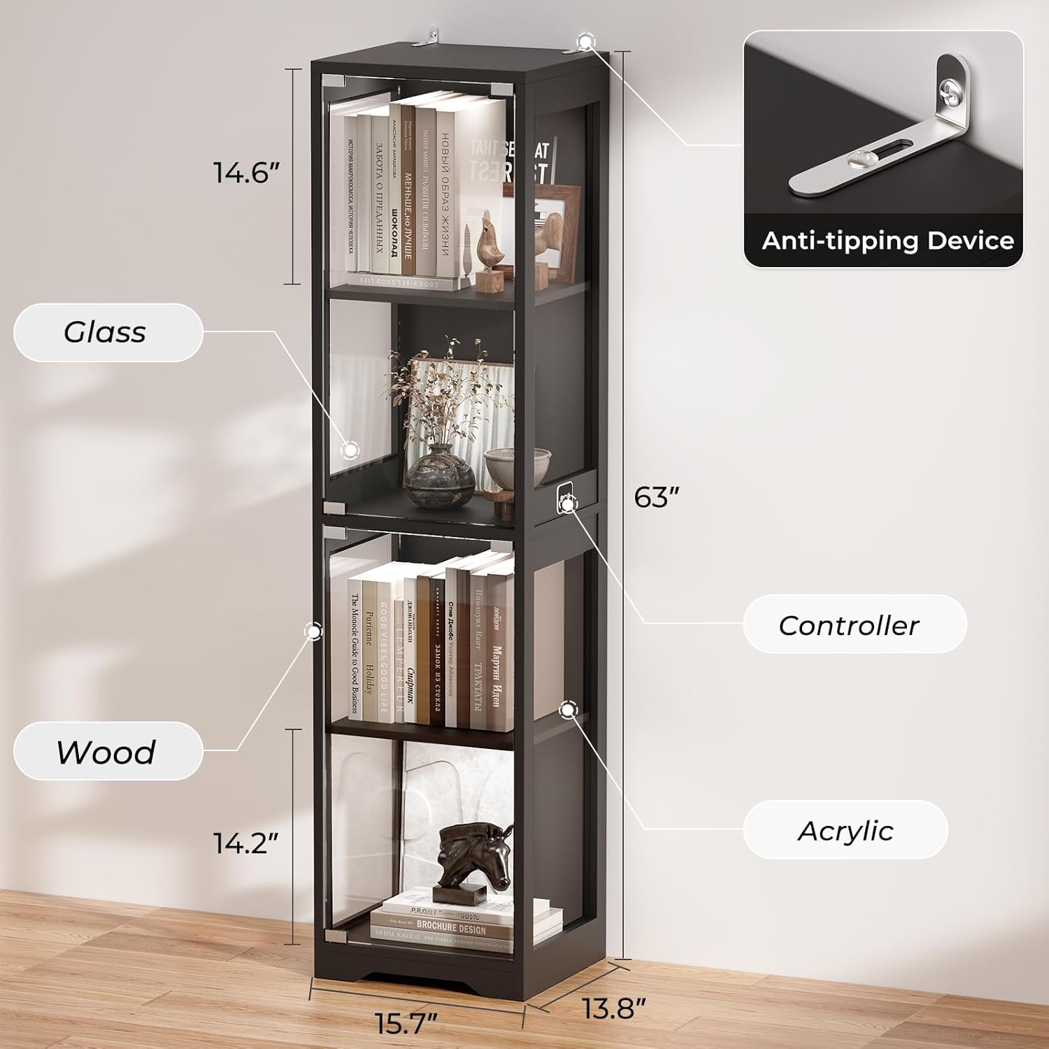 Glass Display Cabinet 4-Tier Curio Cabinet with 3-Color LED Lights, Human Body Sensor, Glass Door, Storage Bookcase for Collectibles, Black
