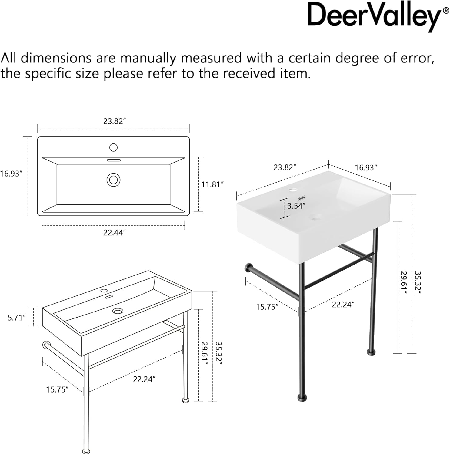 DeerValley 24"x17" Console Bathroom Sink, Free Standing 30 Inch Stainless Steel Support Pedestal Legs, Wall-Mounted White Ceramic Basin, Modern Rectangular Sink Porcelain, Matte Black
