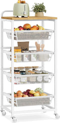 VASAGLE Storage Rolling Cart with Pull-Out Baskets, 5-Tier Utility Cart Orgnizer with Wheels for Laundry Room, Kitchen, Handle, 12.5 x 15.8 x 37.4 Inches, Golden Oak and Matte White ULRC041YA01