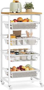 VASAGLE Storage Rolling Cart with Pull-Out Baskets, 5-Tier Utility Cart Orgnizer with Wheels for Laundry Room, Kitchen, Handle, 12.5 x 15.8 x 37.4 Inches, Golden Oak and Matte White ULRC041YA01