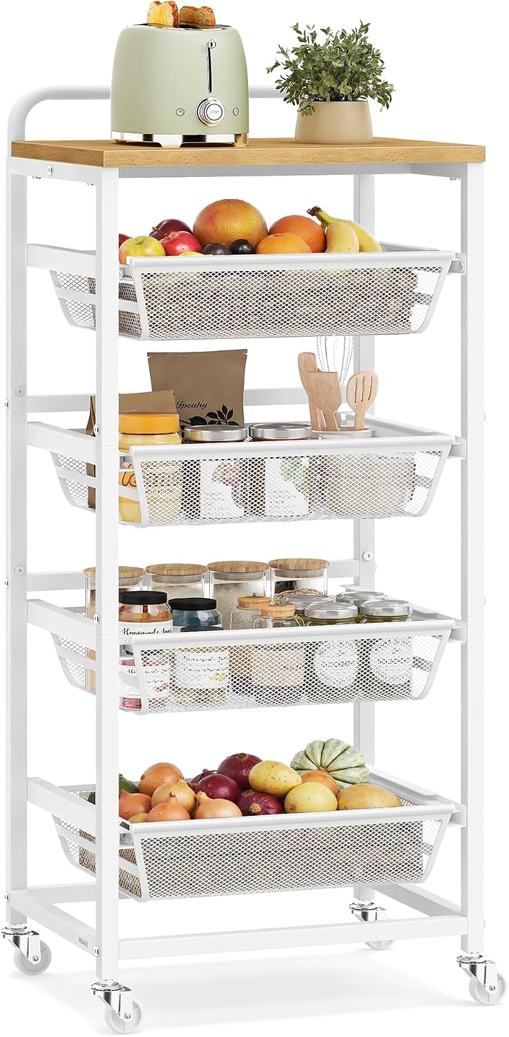 VASAGLE Storage Rolling Cart with Pull-Out Baskets, 5-Tier Utility Cart Orgnizer with Wheels for Laundry Room, Kitchen, Handle, 12.5 x 15.8 x 37.4 Inches, Golden Oak and Matte White ULRC041YA01