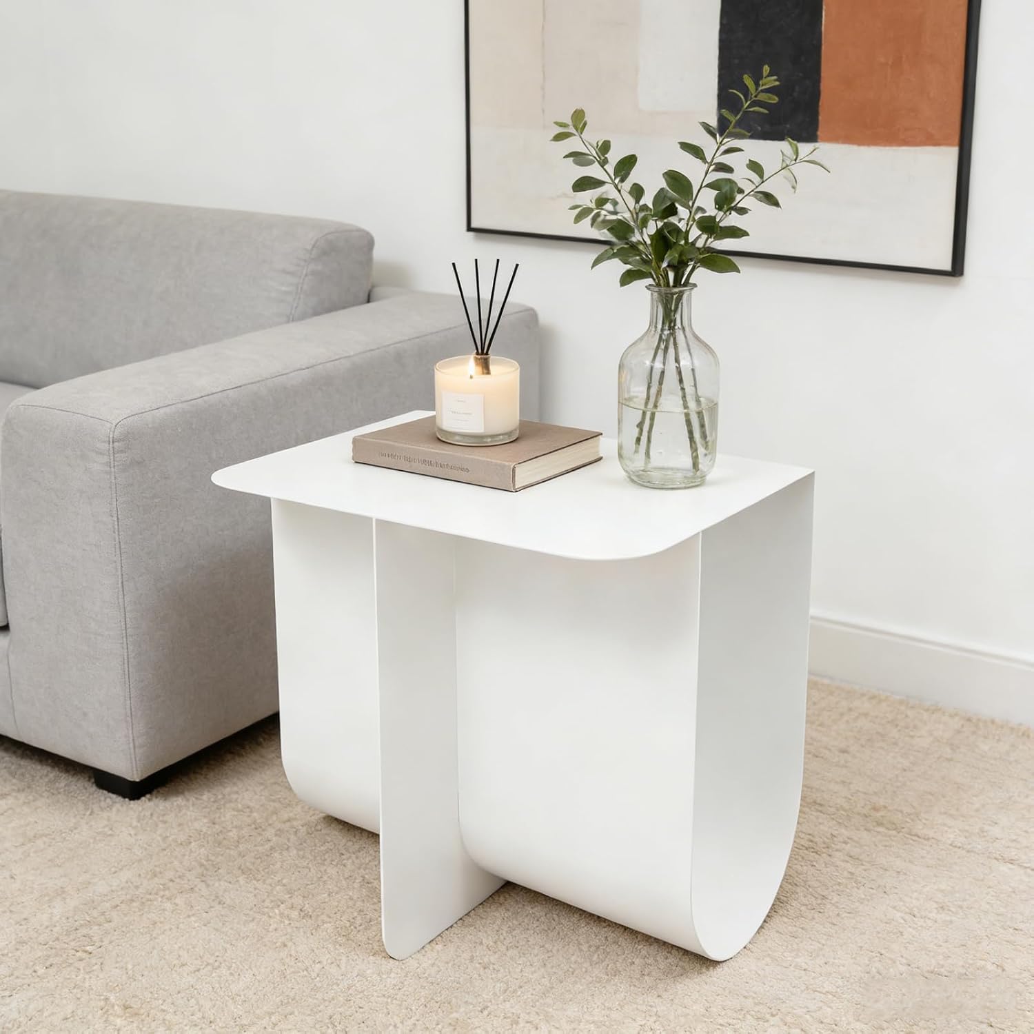 Modern Minimalist Metal Side Table with Storage, Curved Design Accent Table Coffee Table – Multipurpose End Table for Living Room, Bedroom, Office, Small Spaces