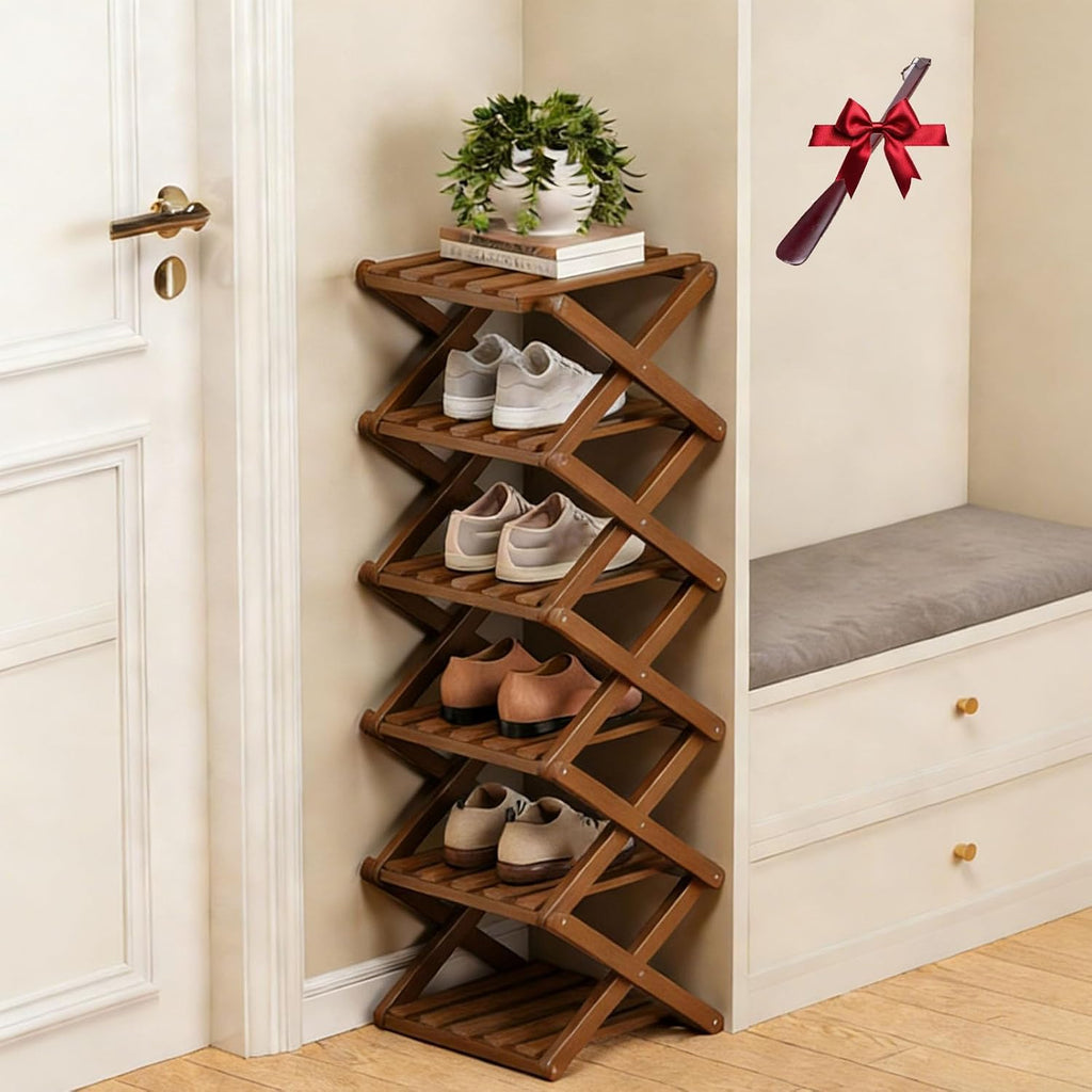 The 9-Tier No-Assembly Bamboo Rack, Folding Accordion Shoe Rack with Collapsible Vertical Design, Space-Saving Shoe Organizer for Entryway Closet Dorm (Brown, 6)