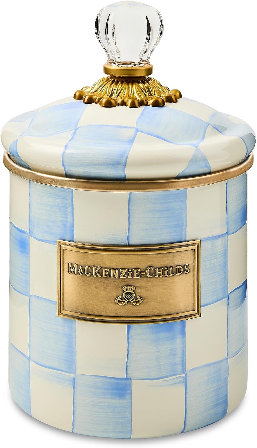 MACKENZIE-CHILDS Enamel Canister, Kitchen Storage Container with Lid, Small, 38-Ounce Capacity, Light-Blue-and-White Sky Check