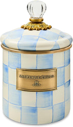 MACKENZIE-CHILDS Enamel Canister, Kitchen Storage Container with Lid, Small, 38-Ounce Capacity, Light-Blue-and-White Sky Check