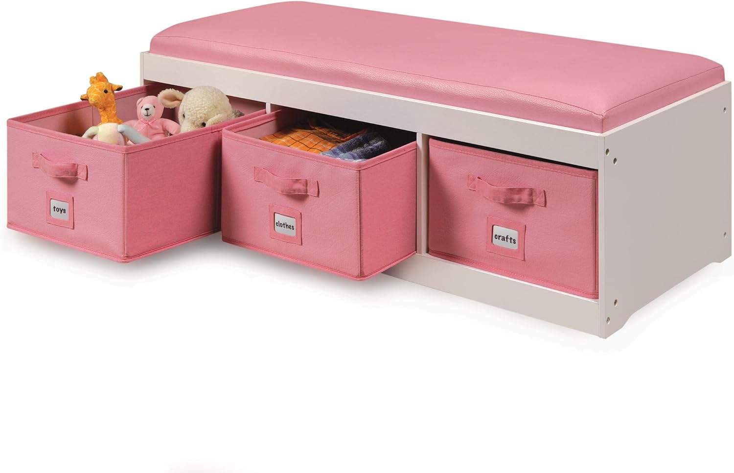 Badger Basket Kids’ Storage Bench with Cushion - Toy Organizer with 3 Removable Bins, Faux Leather Seat, Durable Wood Frame - Seating and Storage for Playroom or Bedroom - White/Rose