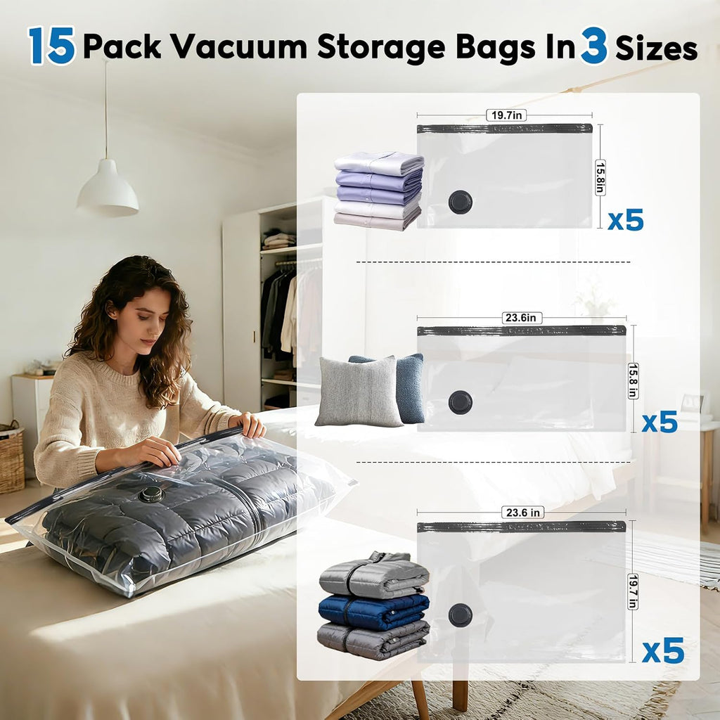 Mapambo Vacuum Seal Bags for Clothing Travel with -60000Pa LED Pump, 15 Pack Travel Cordless Vacuums Bag Set with Pump in 3 Combo Sizes. Vacuums Storage Bags for Clothes (15 Combo)