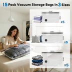 Mapambo Vacuum Seal Bags for Clothing Travel with -60000Pa LED Pump, 15 Pack Travel Cordless Vacuums Bag Set with Pump in 3 Combo Sizes. Vacuums Storage Bags for Clothes (15 Combo)