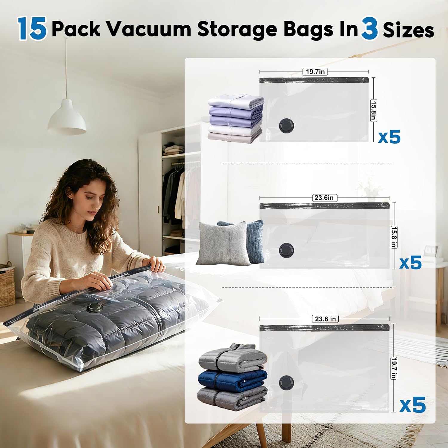 Mapambo Vacuum Seal Bags for Clothing Travel with -60000Pa LED Pump, 15 Pack Travel Cordless Vacuums Bag Set with Pump in 3 Combo Sizes. Vacuums Storage Bags for Clothes (15 Combo)
