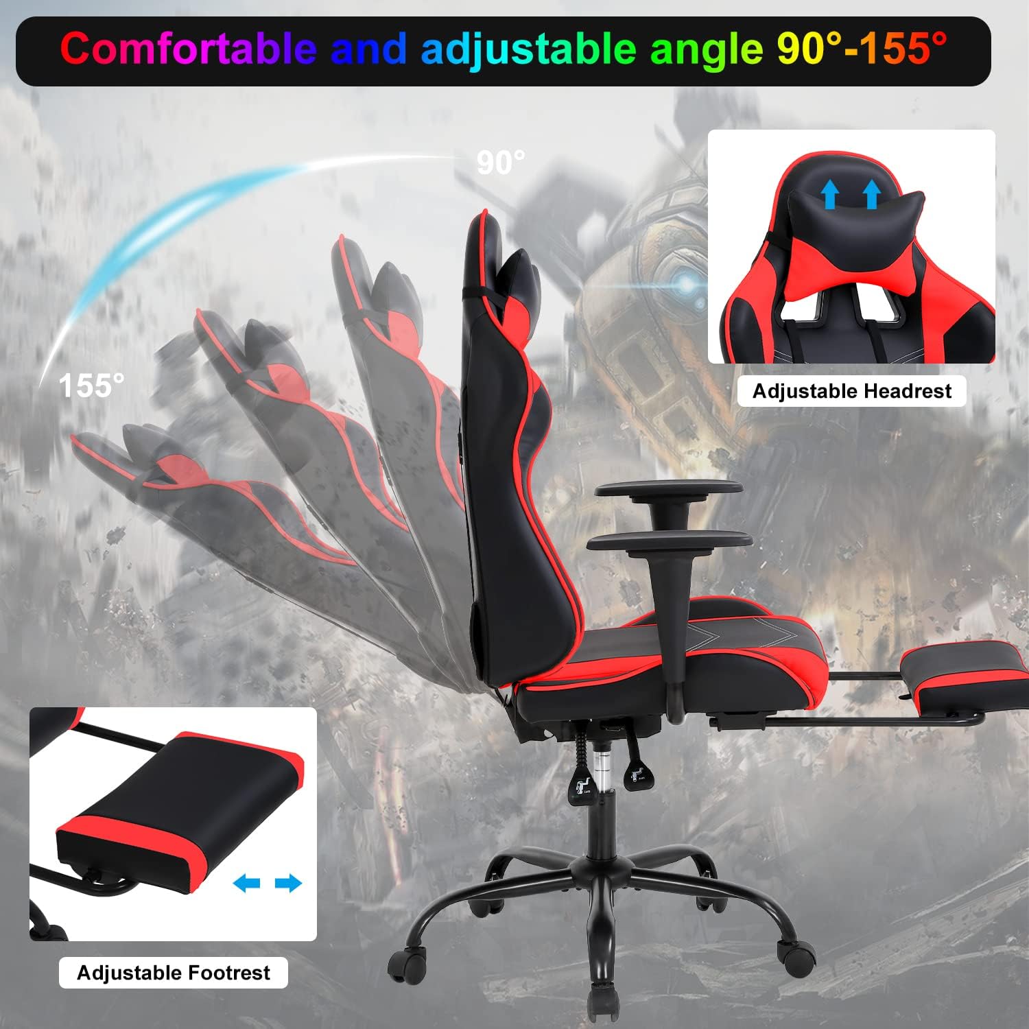 Gaming Chair Computer Chair Ergonomic Gaming Chair with Footrest Reclining High Back Video Game Chair with Lumbar Support Headrest Armrest Swivel Seat for Women, Men (Red)