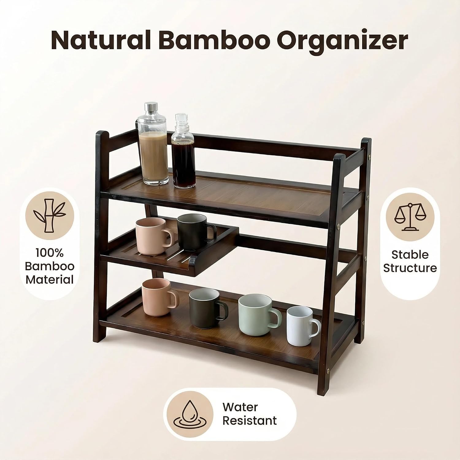 3 Tier Bamboo Matcha Station, coffee station organizer Shelf | for Kitchen Countertop, Tea Bar - Matcha Powder, Tools & Cup Organizer for Matcha Lovers, Home Baristas.