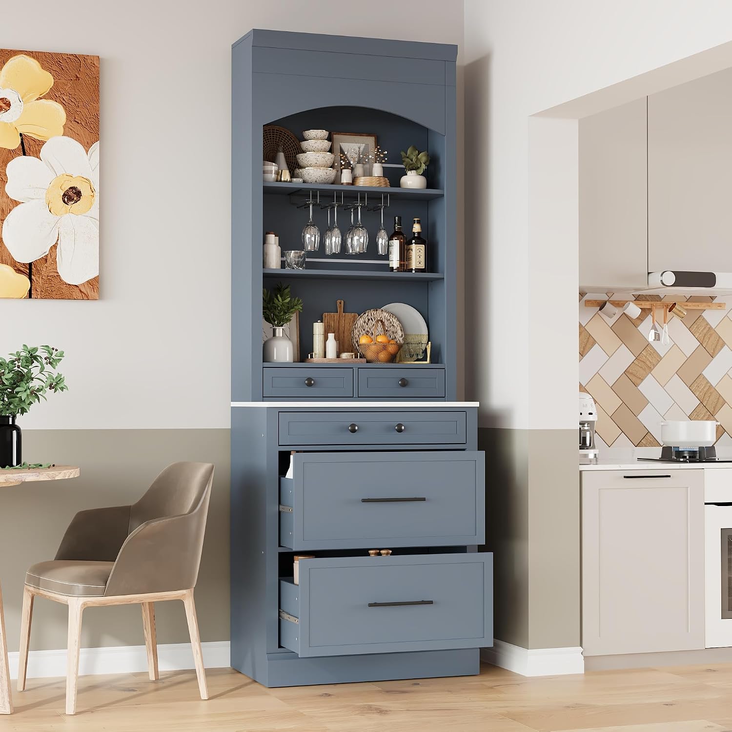 Modern 28.7x17.5x83.7 Inch Tall Kitchen Pantry Cabinet, Freestanding Hutch with Faux Marble Top, 5 Drawers & Adjustable Shelf, Glass Holders, Space-Saving Storage for Kitchen/Dining Room (1, Gray)