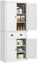 72" Farmhouse Kitchen Pantry Cabinet with Drawer and Adjustable Shelves - White