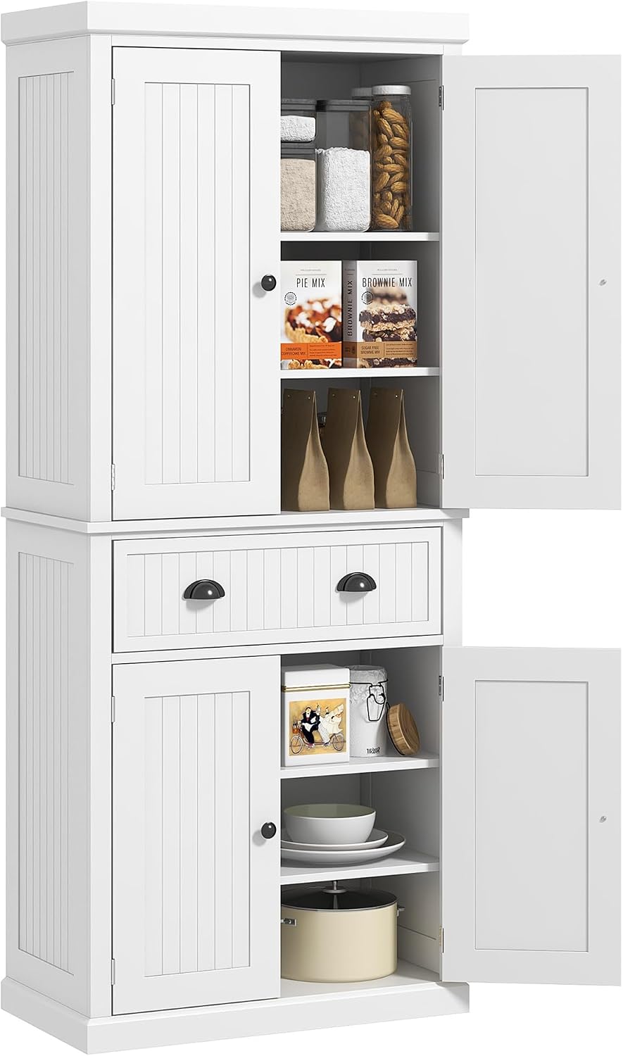 72" Farmhouse Kitchen Pantry Cabinet with Drawer and Adjustable Shelves - White
