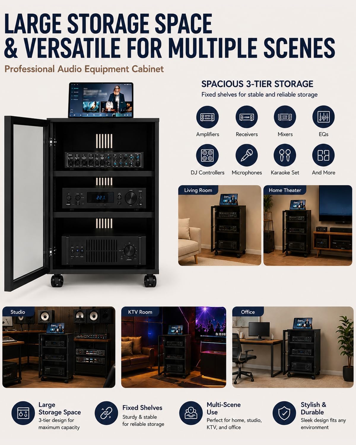 Rolling Audio Rack with Glass Door, Heavy Duty Media Cabinet with Cable Management and dust Protection, Modern Living Room/Bedroom/Video Home Theater Cabinet (3-Tier)