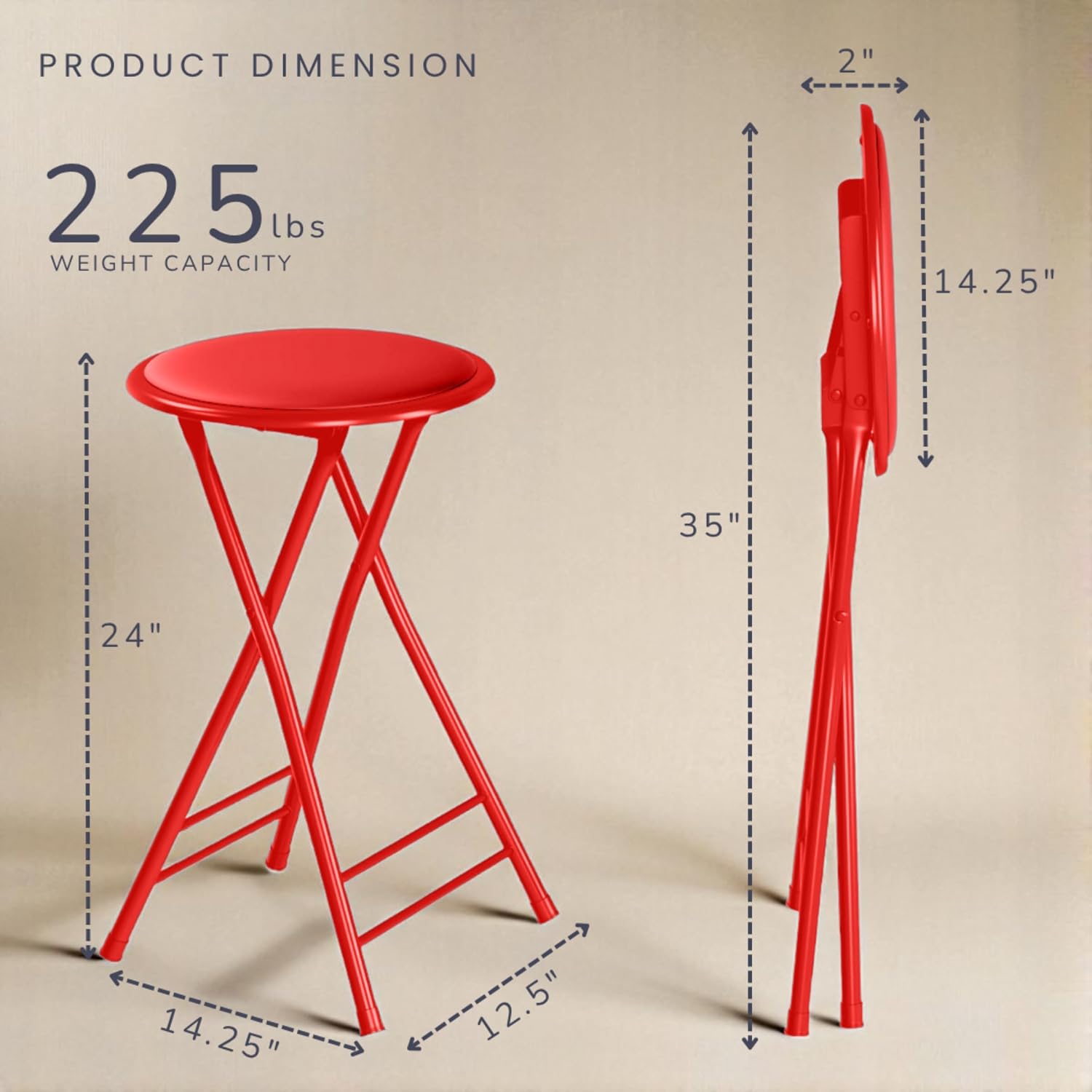 Lavish Home Folding Stool - Set of 2 Counter Height Bar Stools – 24-Inch Backless Folding Chairs with 225lb Capacity for Kitchen, Rec Room, or Game Room (Red)