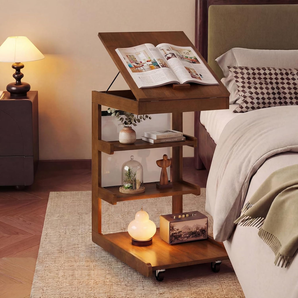 Giantex C-Shaped End Table with Wheels, Wooden Rolling Side Table w/Adjustable Desktop, Edge Stopper, Side Pocket & 3 Storage Shelves, Sofa Couch Bedside TV Tray for Living Room Bedroom (Brown,1)