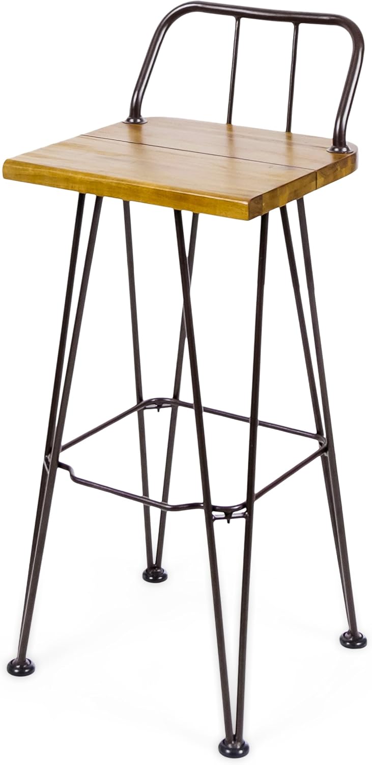 Christopher Knight Home Denali Outdoor Industrial Acacia Wood Barstools with Finished Iron Frame, 2-Pcs Set, Teak Finish / Rustic Metal